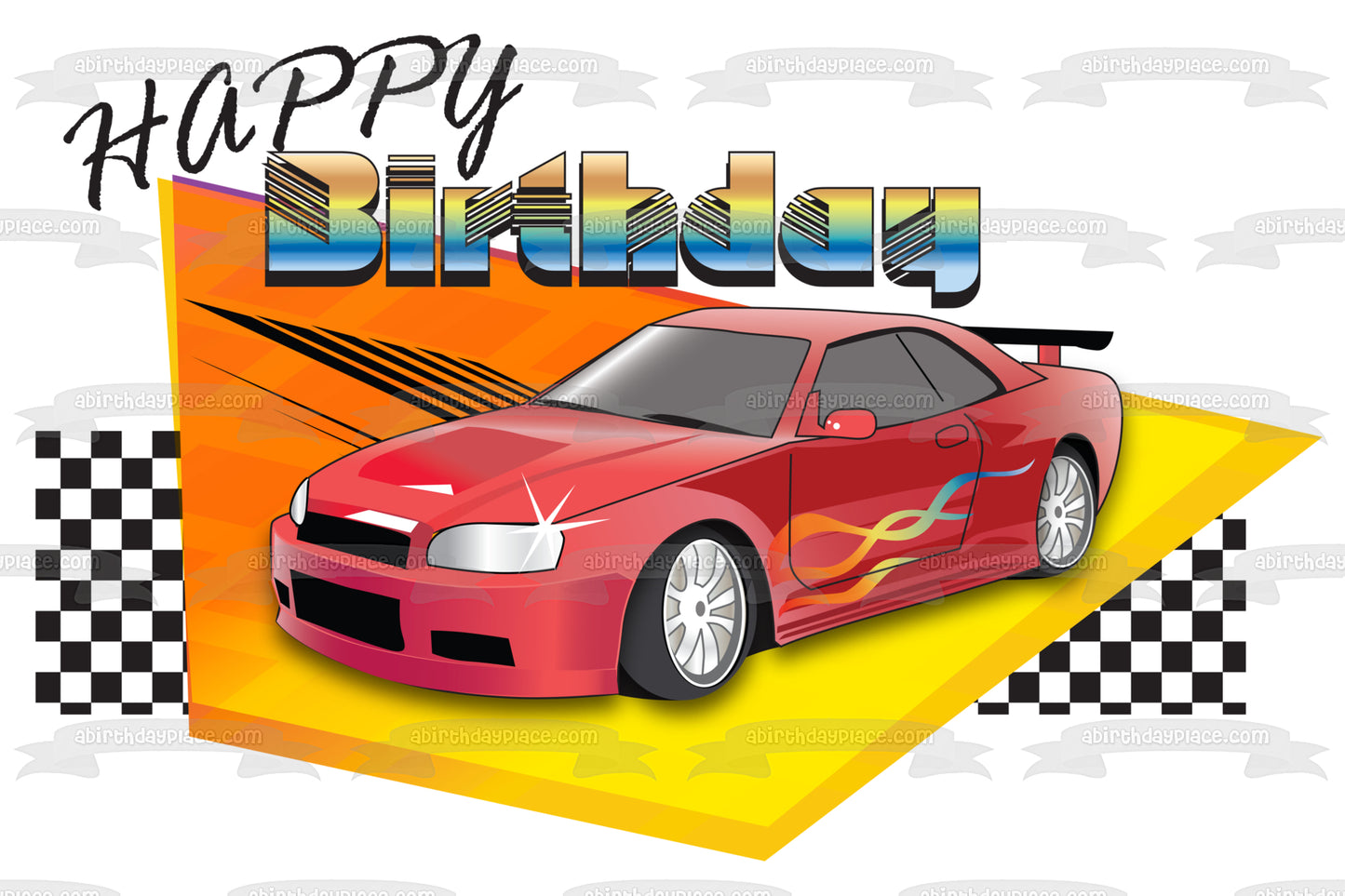 Happy Birthday Racing Red Car Checkered Flag Edible Cake Topper Image ABPID13062