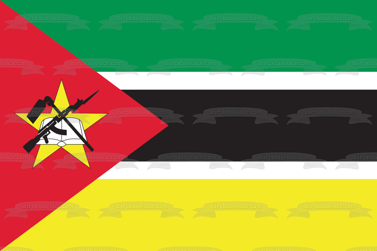 La bandera de Mozambique Verde Negro Rojo Amarillo Amanecer un Ak-47 con una bayoneta unida al barril Imagen comestible para decoración de tartas ABPID13089 