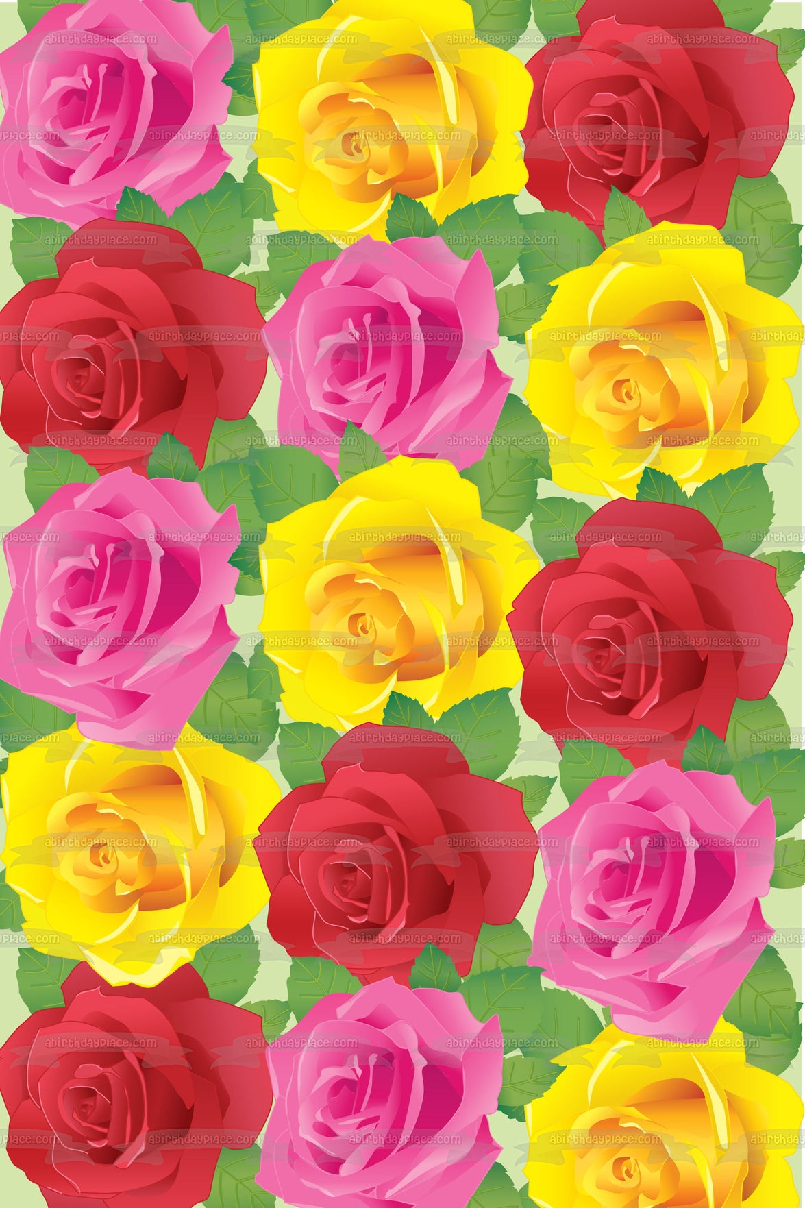 Roses Pink Yellow Red Leaves Pattern Edible Cake Topper Image ABPID13090