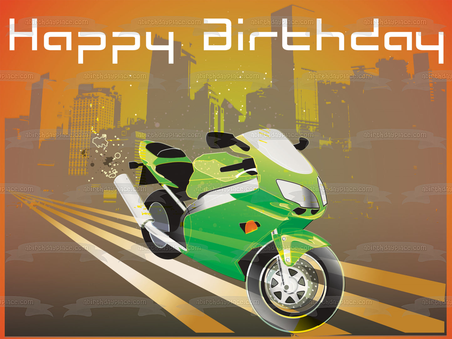 Decoración comestible para tarta con diseño de motocicleta verde de feliz cumpleaños, imagen ABPID13167 