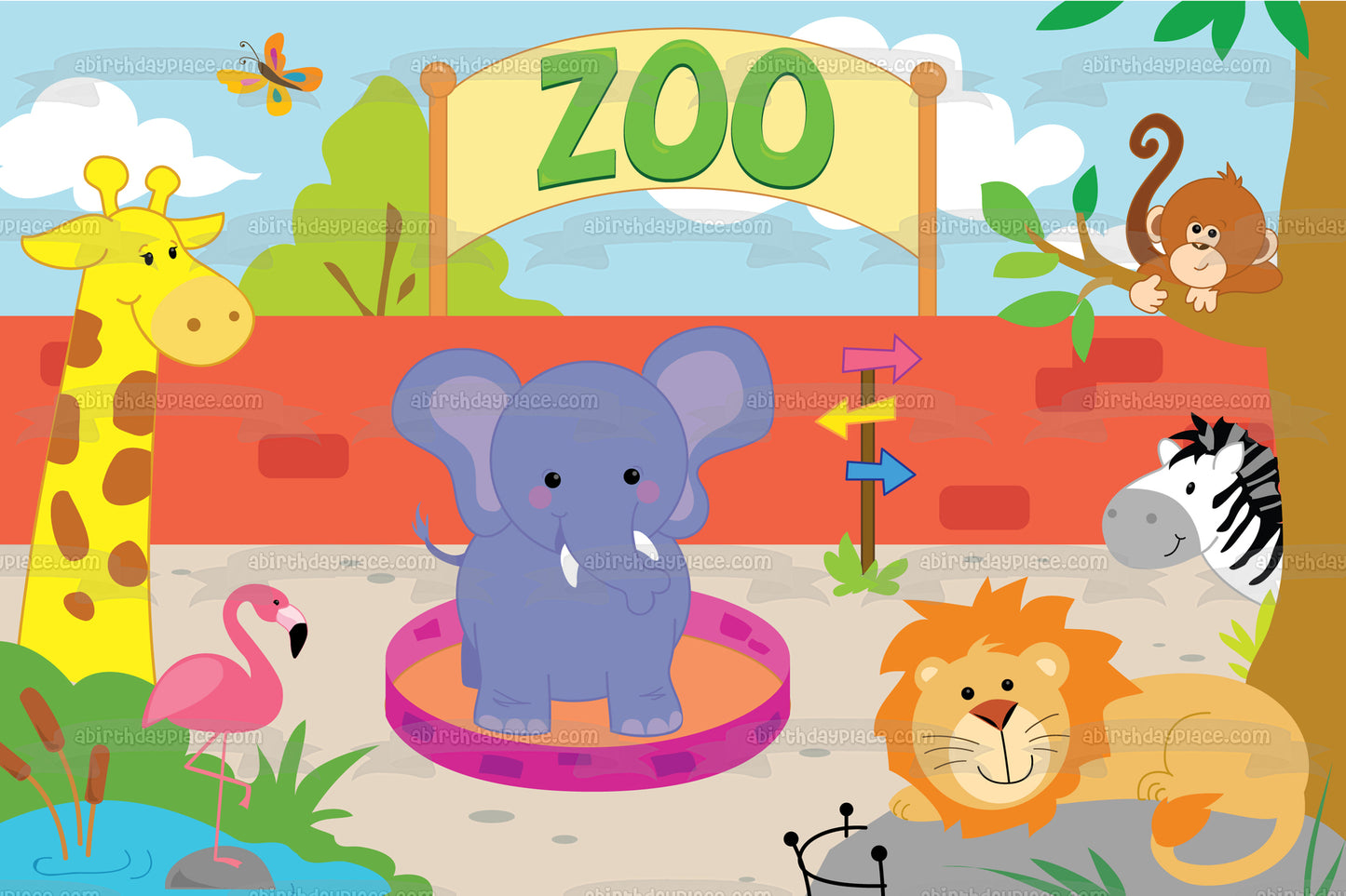 Zoo Banner Animals Giraffe Elephant Flamingo Lion Zebra Monkey Buttefly Edible Cake Topper Image ABPID13223