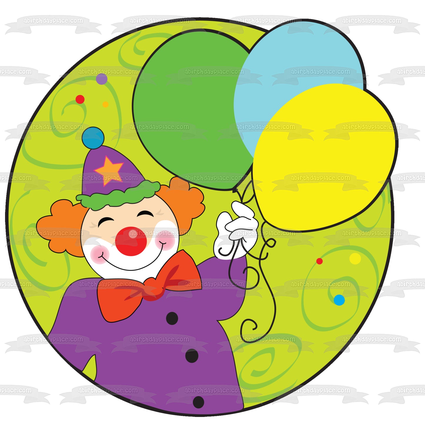 Payaso de dibujos animados Feliz cumpleaños Globos verdes, azules y amarillos Imagen comestible para decoración de tarta ABPID13234 