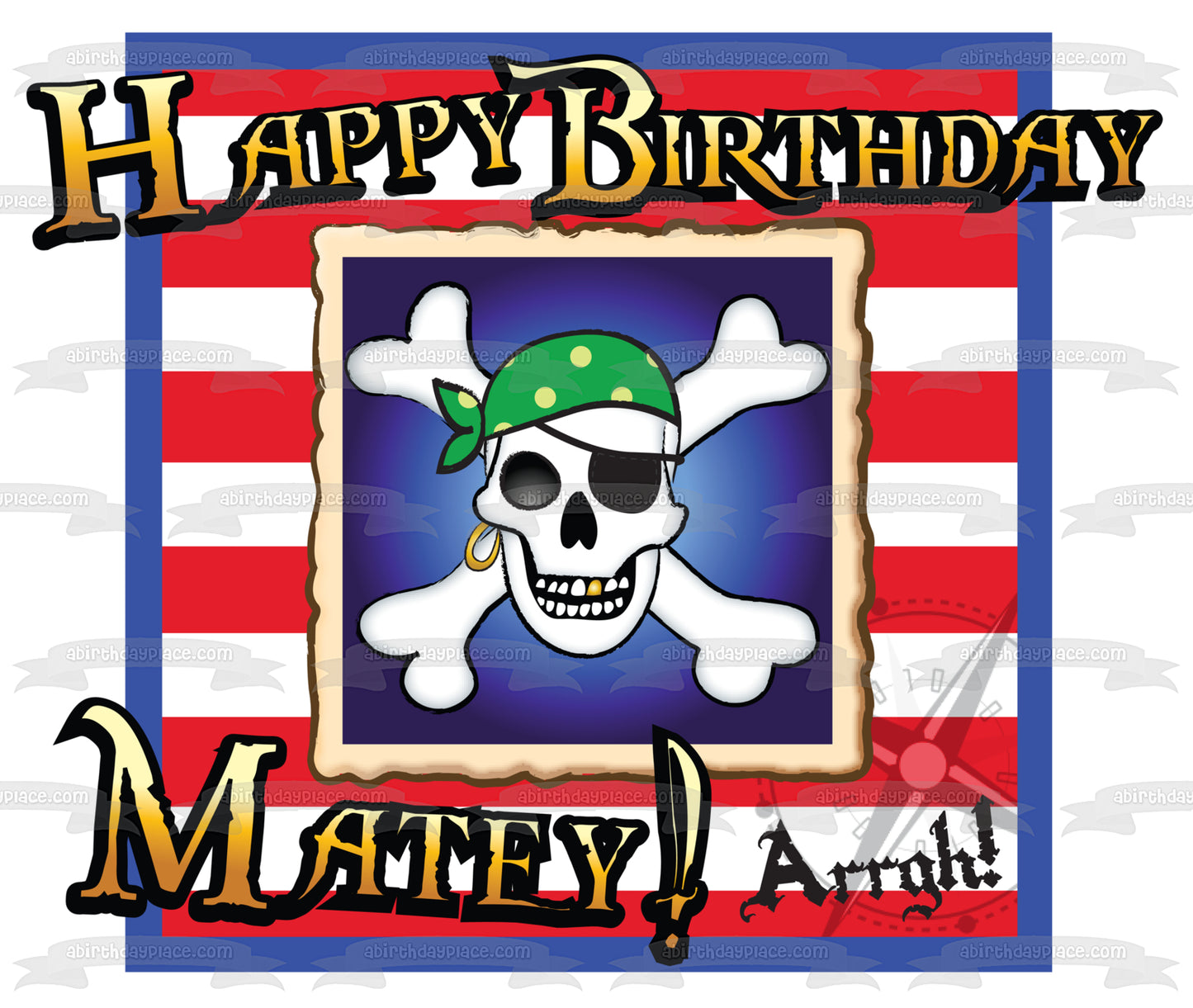 Feliz cumpleaños Matey Arrgh Espada Calavera Tibias cruzadas Imagen comestible para tarta ABPID13244 