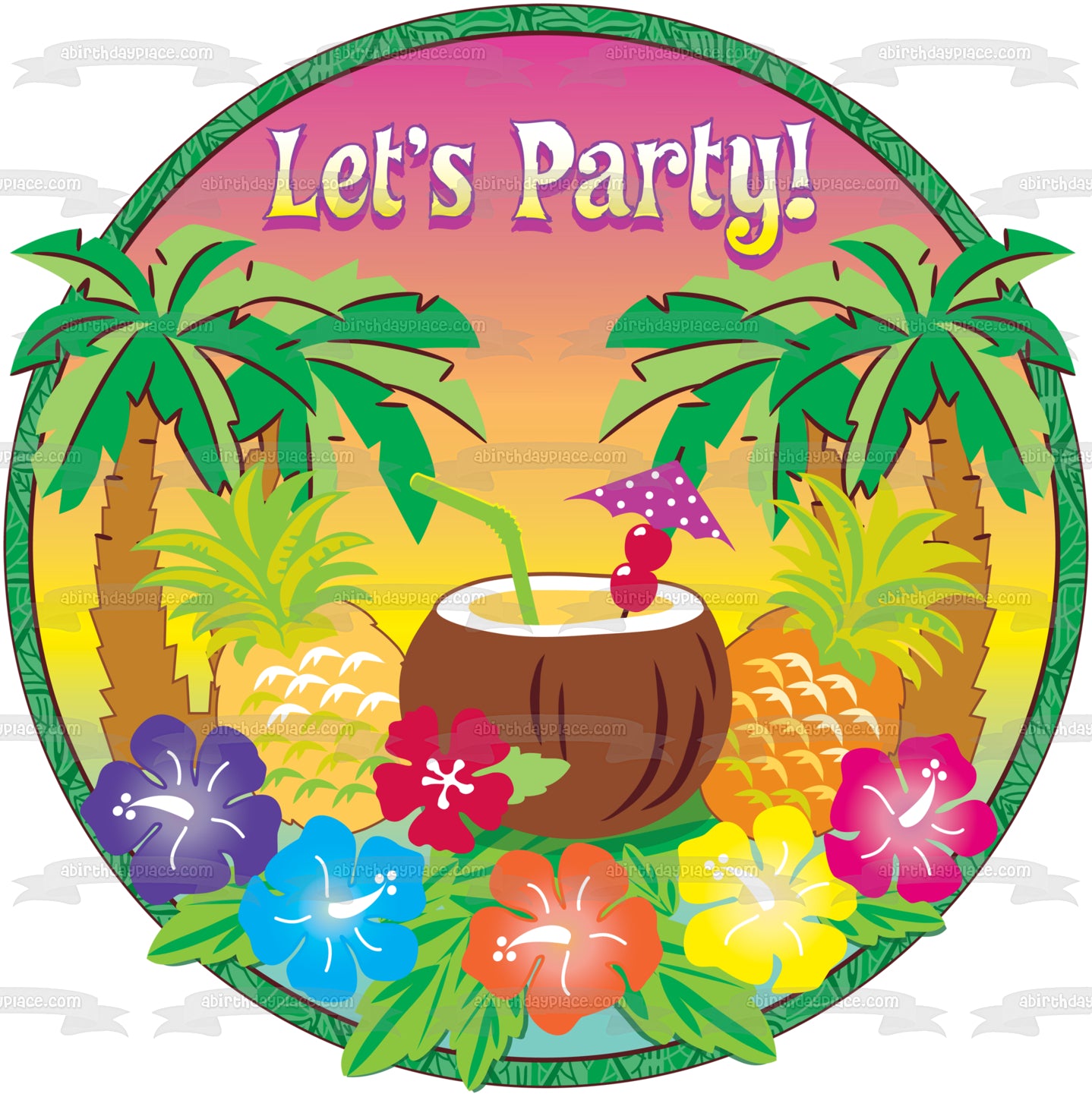 Let's Party Hawaiian Luau Palmeras Coco Piña Flores Decoración comestible para tarta Imagen ABPID13247 