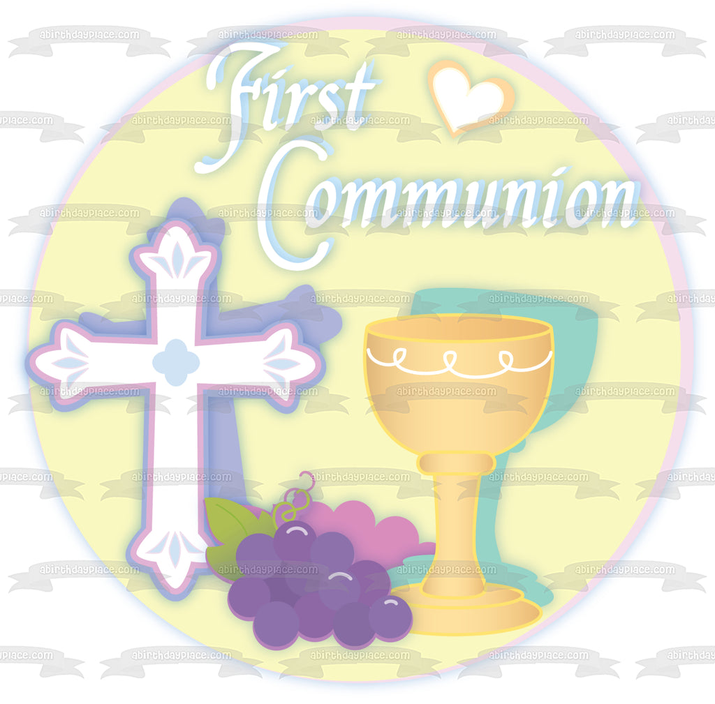 First Commuion Cross Wine Glass Grapes Hearts Edible Cake Topper Image ...