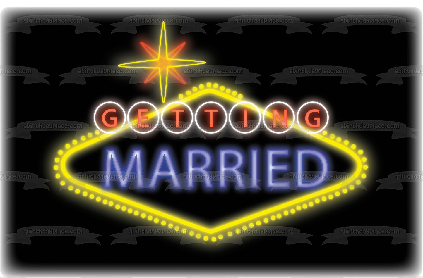 Getting Married Vegas Lights Star Black Background Edible Cake Topper Image ABPID13265