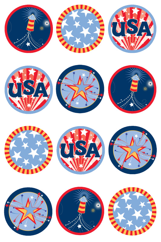 USA Stars Rockets Red White Blue Edible Cupcake Topper Images ABPID13341