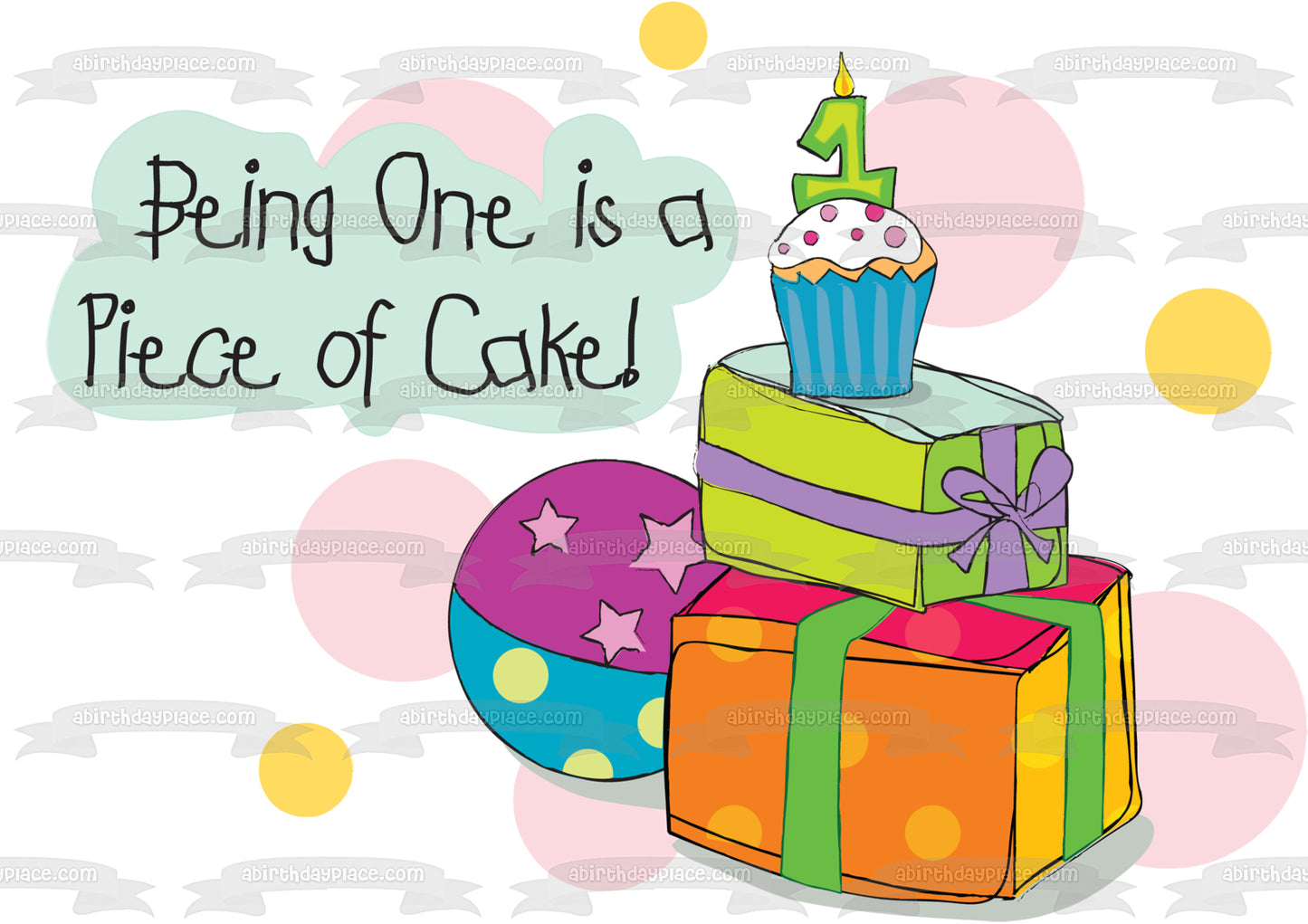 Happy 1st Birthday Being One Is a Piece of Cake Presents Ball Cupcake Number 1 Candle Edible Cake Topper Image ABPID13354