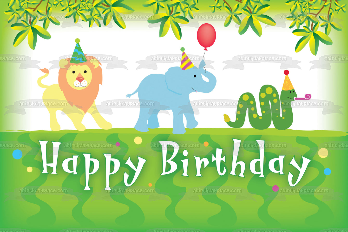 Happy Birthday Lion Elephant Snake Party Hats Balloons Edible Cake Topper Image ABPID13417