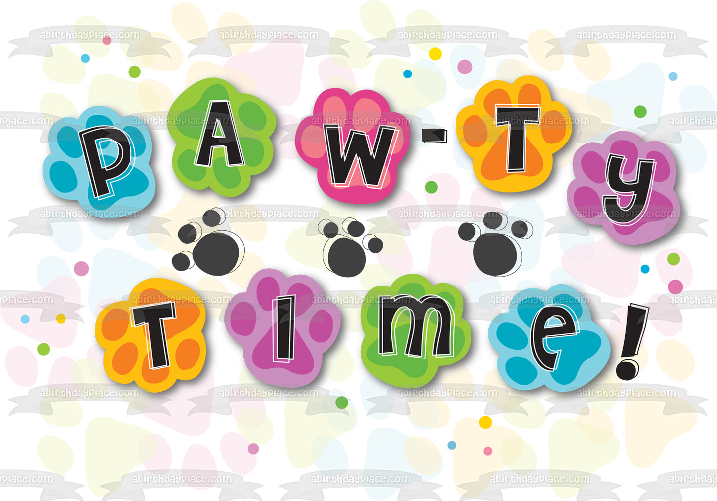 Feliz cumpleaños Pawty Time Paw Prints Verde Azul Rosa Púrpura Amarillo Imagen comestible para pastel ABPID13420 