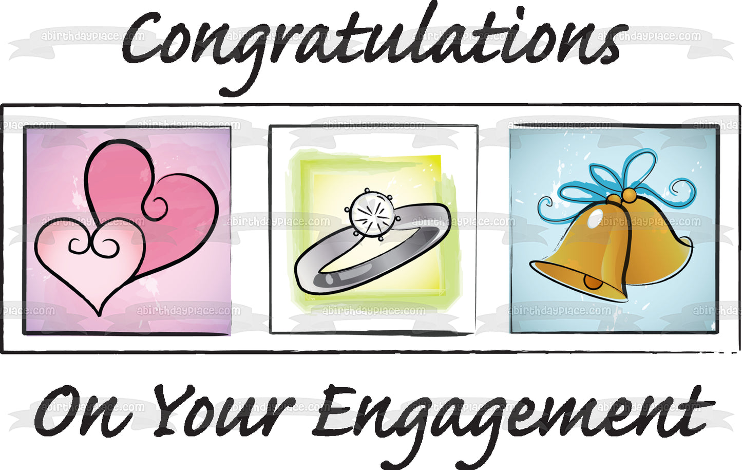 Congratulations on Your Engagement Hearts Diamond Ring Wedding Bells Edible Cake Topper Image ABPID13473