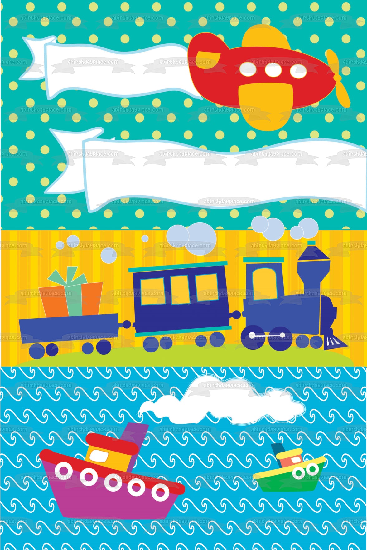 Feliz cumpleaños, dibujos animados, avión, trenes, barcos, presente, decoración comestible para tarta, imagen ABPID13502 