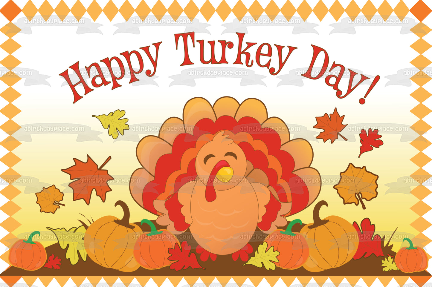 Happy Turkey Day Turkey Pumpkins Leaves Edible Cake Topper Image ABPID13511