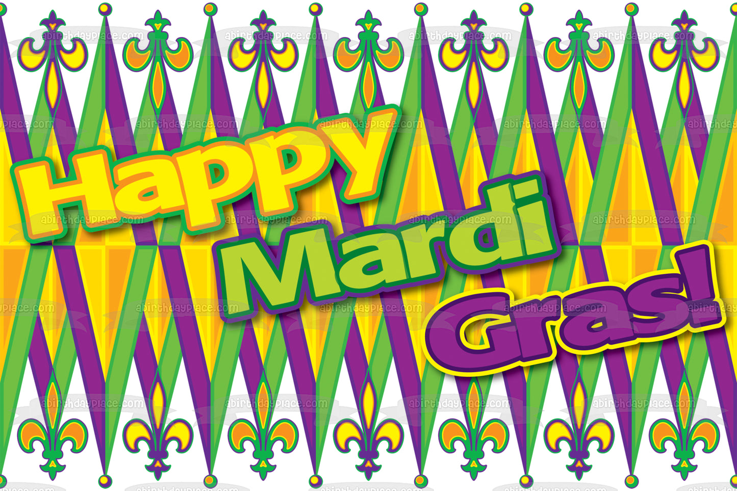 Happy Mardi Gras Green Purple Yellow Edible Cake Topper Image ABPID13519