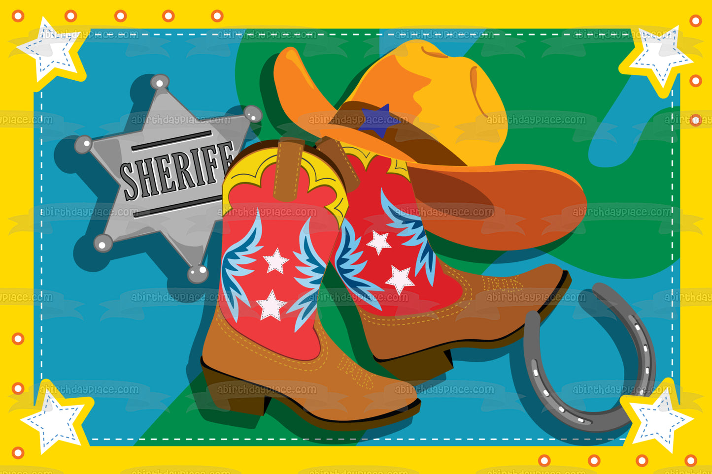 Little Cowboy Sheriff Badge Cowboy Boots Cowboy Hat Horseshoe Edible Cake Topper Image ABPID13561