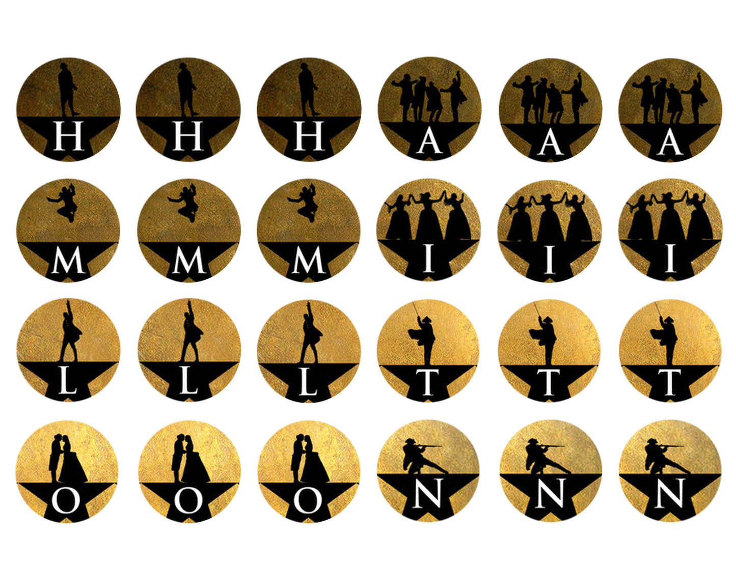 Hamilton Musical Character Silhouettes Gold Background Edible Cupcake Topper Images ABPID14842