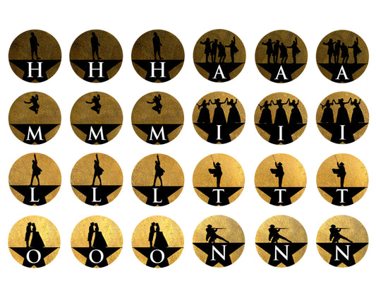 Hamilton Musical Character Silhouettes Gold Background Edible Cupcake Topper Images ABPID14842