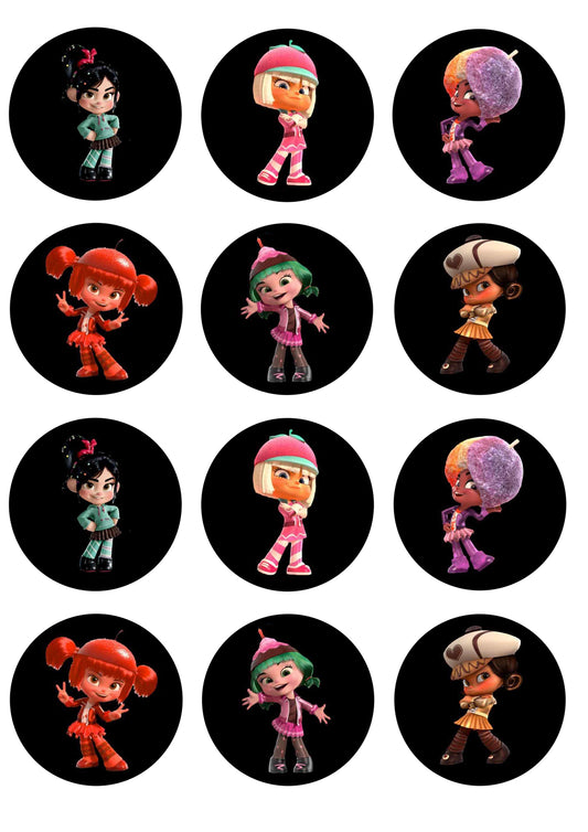 Wreck It Ralph Vanellope Candlehead Taffyta Muttonfudge Snowanna Rainbeau Edible Cupcake Topper Images ABPID14875