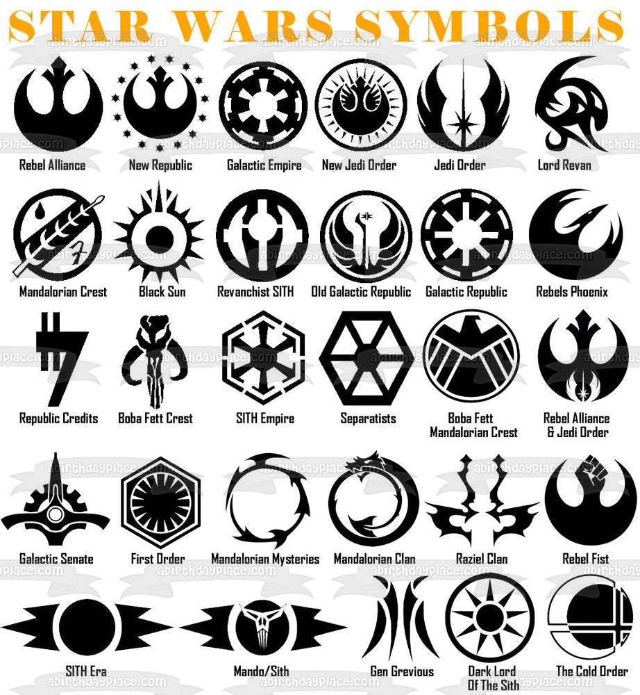 Star Wars Symbols Targentus Rebel Alliance Jedi Symbol Empire Symbol Imperial Symbol Sith Empire Rebel Fist First Order Edible Cake Topper Image ABPID14983