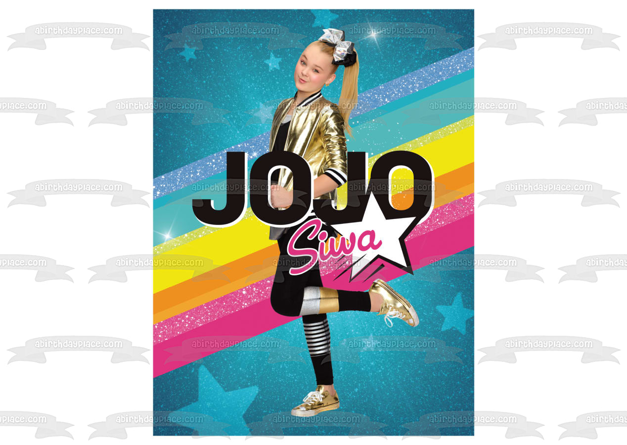 Imagen comestible para decoración de tarta con fondo de estrellas azules arcoíris de Jojo Siwa ABPID14995 