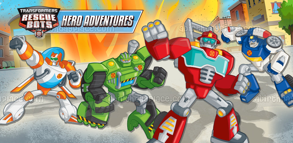 Transformers Rescue Bots Hero Adventures Heatwave Boulder Blades Optimus Prime Imagen comestible para tarta ABPID15002 