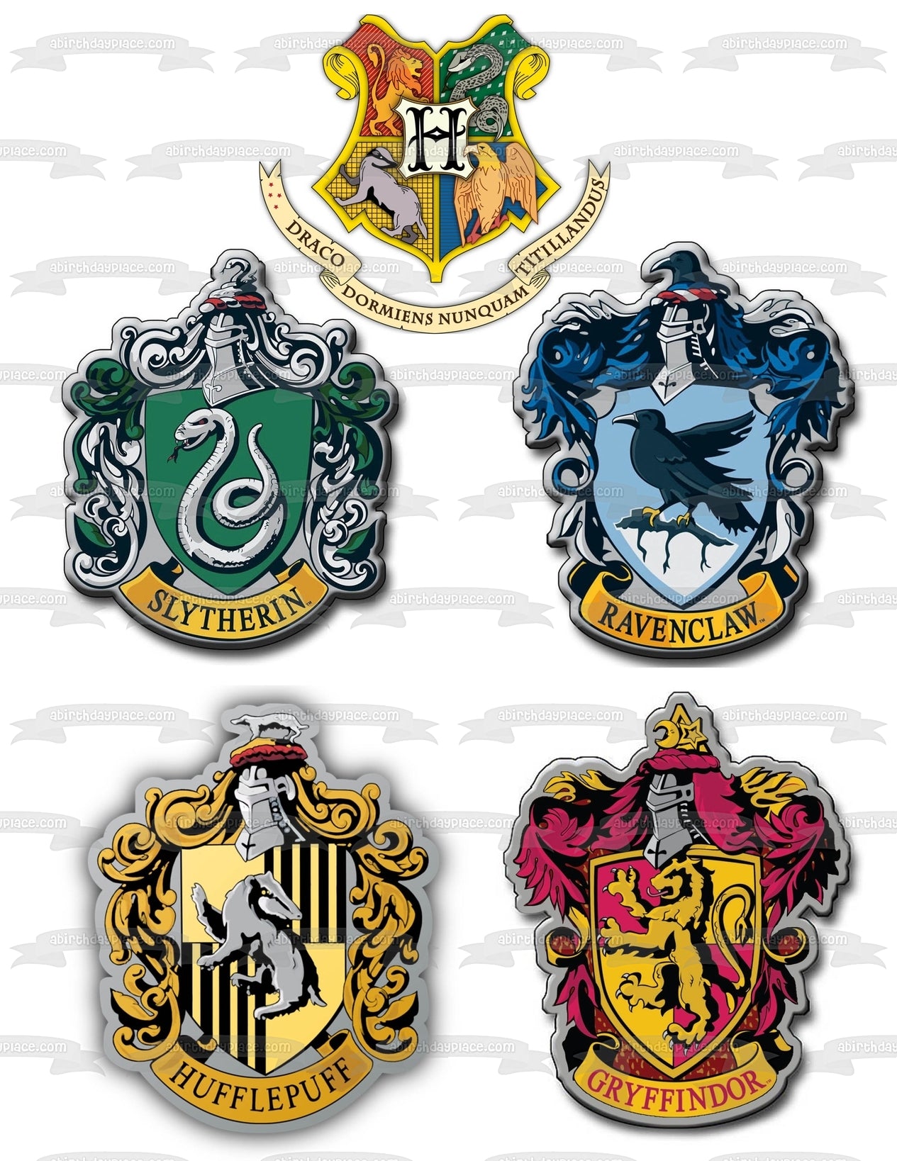 Harry Potter House Shields Slytherin Ravenclaw Hufflepuff Gryffindor Adorno comestible para tarta Imagen ABPID15301 