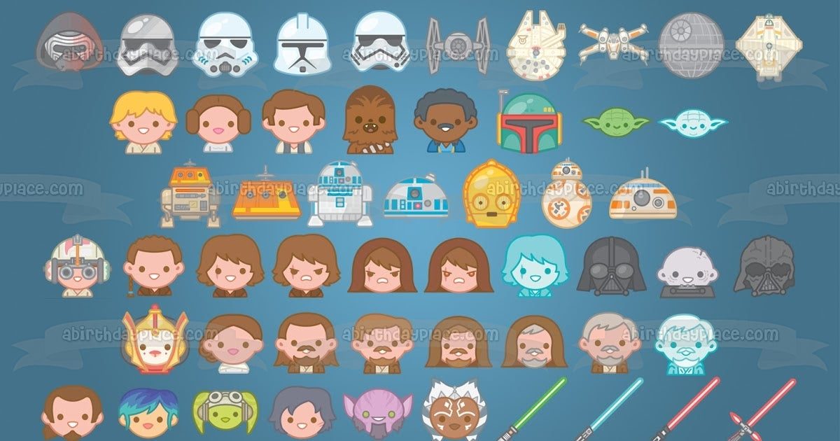 Star Wars Emoji se enfrenta a Storm Trooper Anakin Skywalker Princesa Leia Chewbaca Yoda Imagen comestible para tarta ABPID15369 