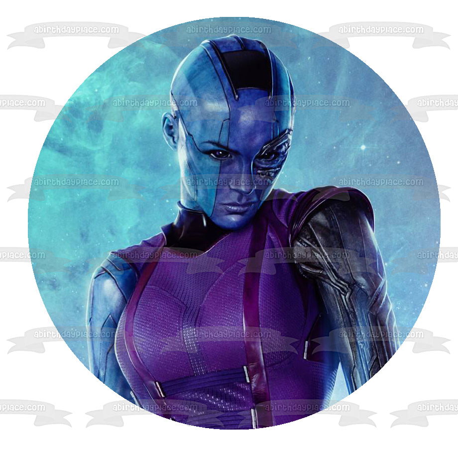 Marvel Nebula Assassin Blue Background Edible Cake Topper Image ABPID15430