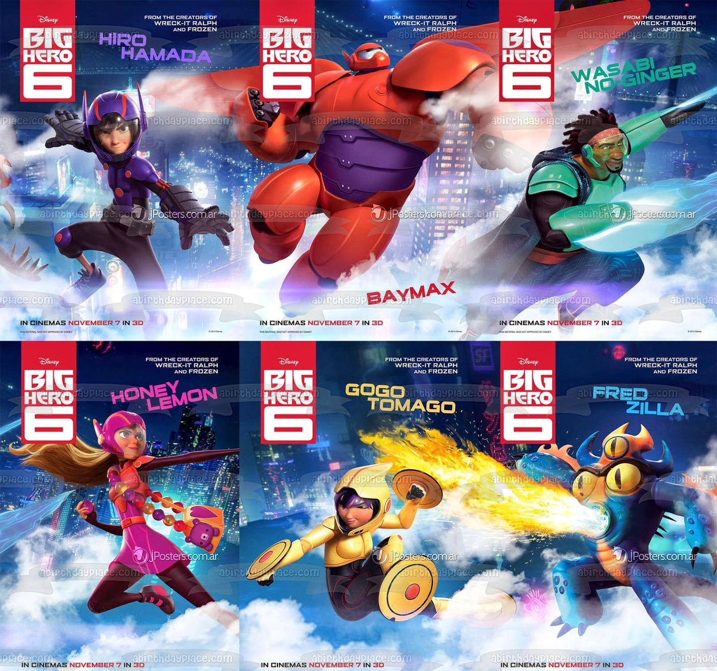 Disney Big Hero 6 Hiro Hamada Baymax Gogo Tomago Fred Zilla Miel Limón Wasabi Sin Jengibre Decoración comestible para tarta Imagen ABPID15452 