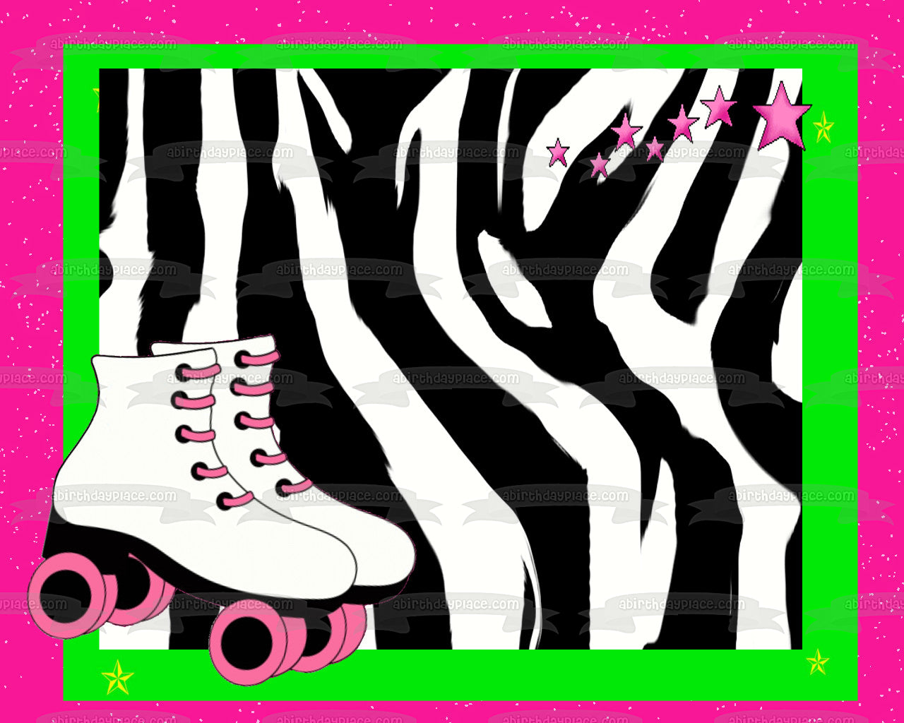 Roller Skates Pink and White Zebra Print Background Pink Edges Edible Cake Topper Image ABPID21591