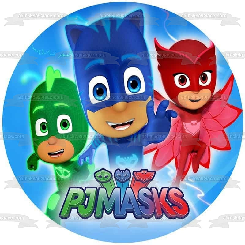 Pj Masks Cat Boy Gekko Owlette Fondo azul Adorno comestible para tarta Imagen ABPID21769 