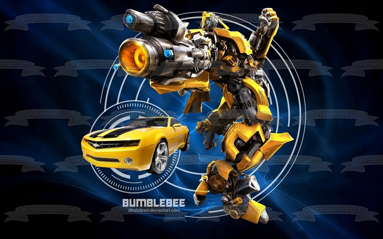 Transformers Bumblebee Yellow Camaro Blue Background Edible Cake Topper Image ABPID21807