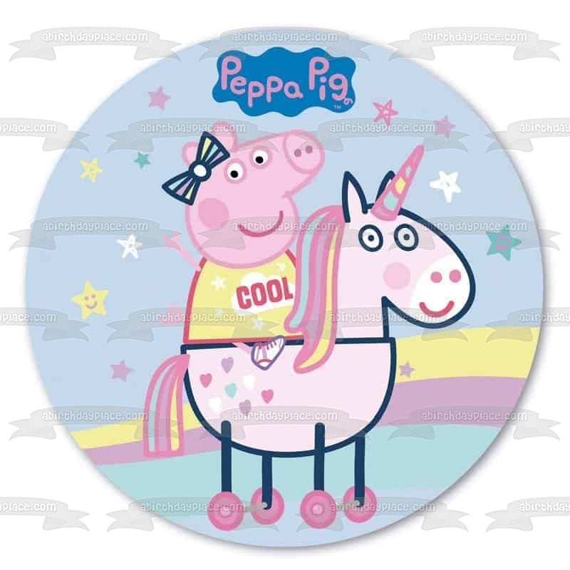 Peppa Pig montando unicornio estrellas arcoíris adorno comestible para tarta imagen ABPID21809 