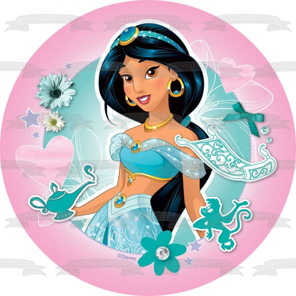 Princesa Disney Jasmine Aladdin Flores Corazones Fondo Rosa Adorno Comestible Para Pastel Imagen ABPID21893 