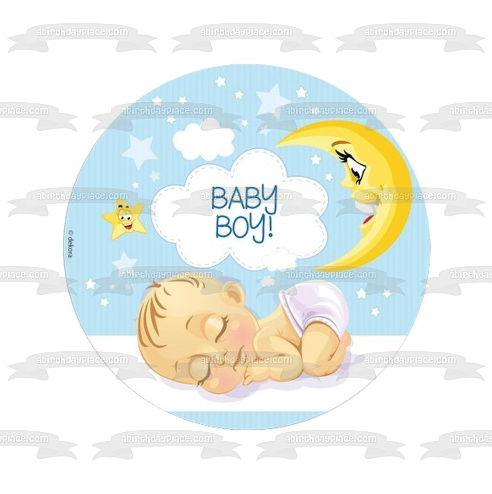 Bebé Niño Durmiendo Luna Estrellas Fondo Azul Baby Shower Adorno Comestible Para Pastel Imagen ABPID21925 