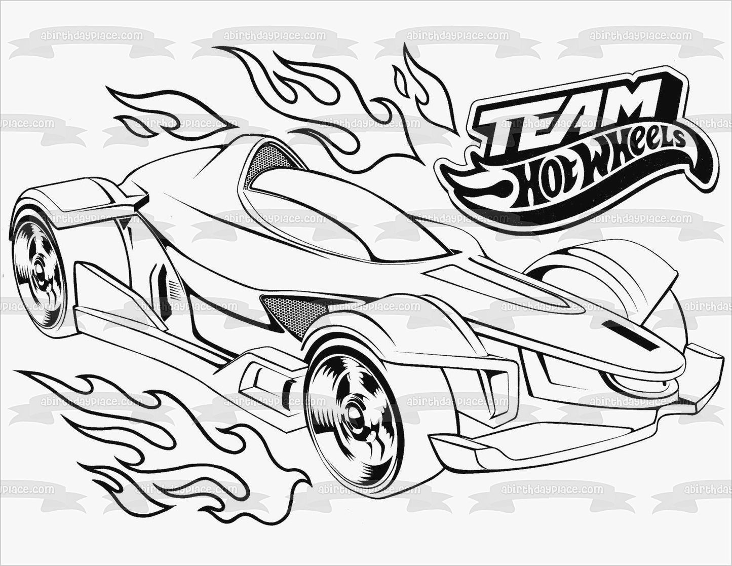 Dibujo del coche del equipo Hot Wheels, decoración comestible para tarta en blanco y negro, imagen ABPID21928 