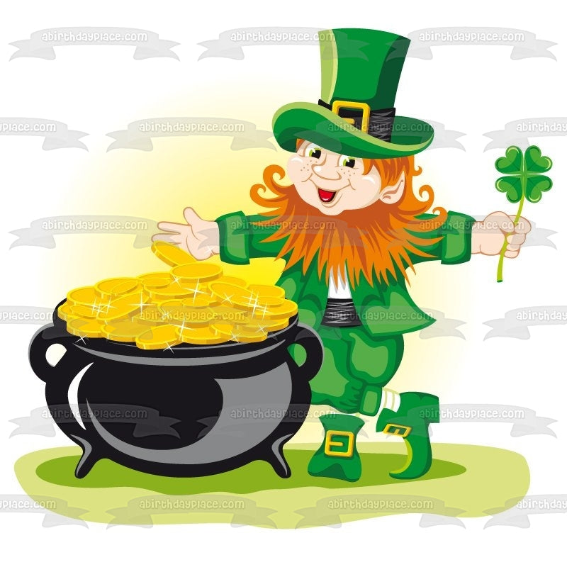 St. Patricks Day Cartoon Leprechaun Pot of Gold 4 Leaf Clover Edible Cake Topper Image ABPID22063