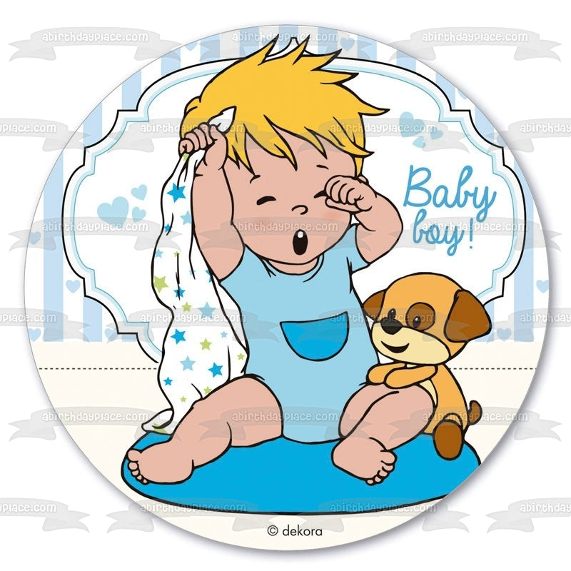 Baby Boy Cartoon Toy Puppy Blue Hearts Edible Cake Topper Image ABPID22104