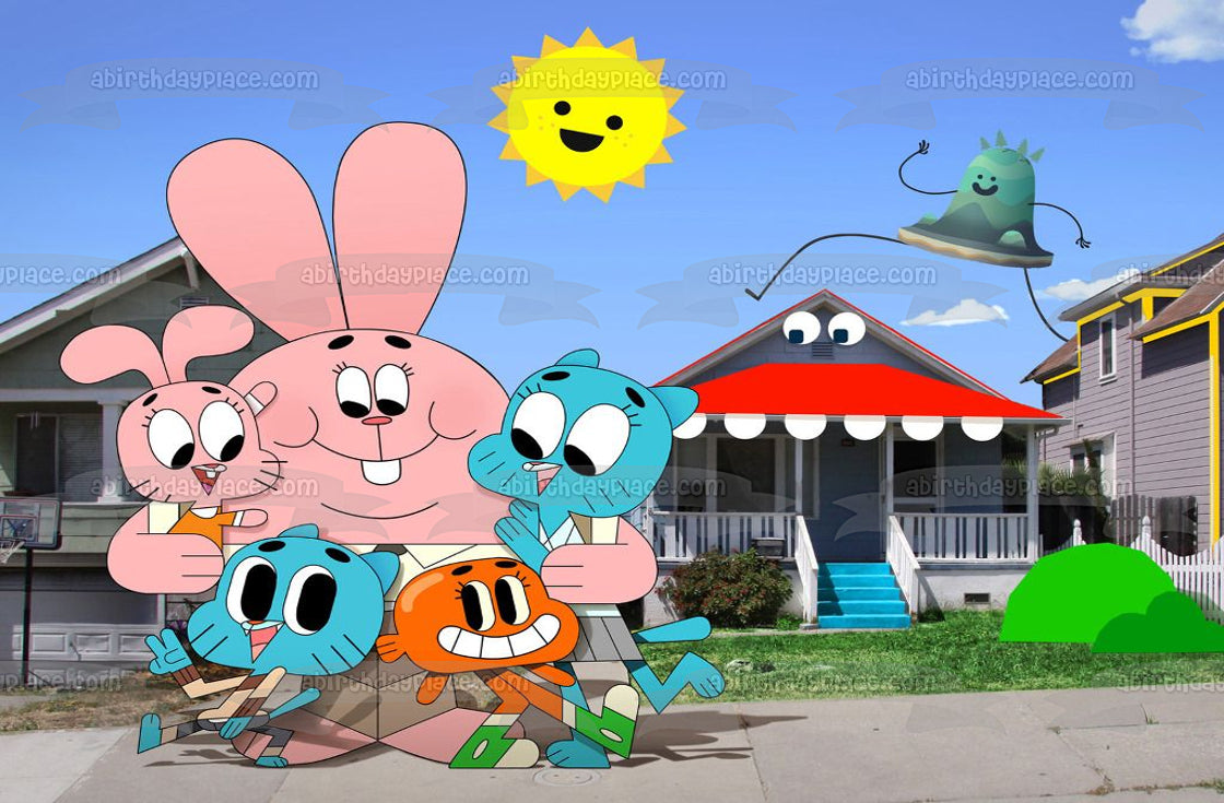 El asombroso mundo de Gumball Nicol Darwin Watterson Anais Watterson Richard Watterson Casas y el cielo de fondo Imagen comestible para decoración de tarta ABPID22125 