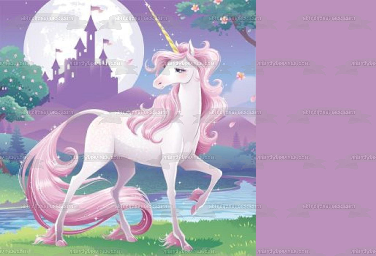 Unicorn Pink Hair Trees Castle Moon Edible Cake Topper Image ABPID22162