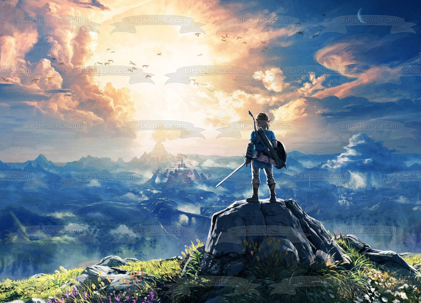 Legends of Zelda Breath of the Wild Link en la cima de una montaña Imagen comestible para decoración de tarta ABPID22515 