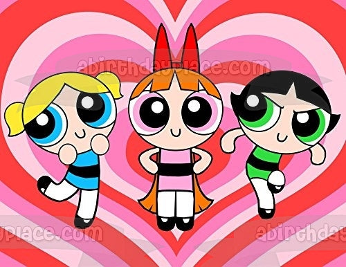 Power Puff Girls Flor Burbujas Botón de oro Corazones Fondo Imagen de adorno comestible para pastel ABPID24140 