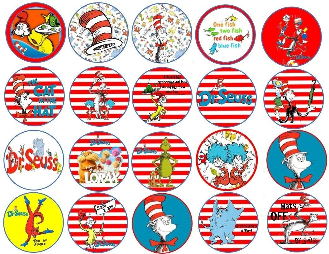 Dr. Seuss Book Covers Fox In Sox One Fish Two Fish Red Fish Blue Fish the Cat In the Hat the Grinch Edible Cupcake Topper Images ABPID24409