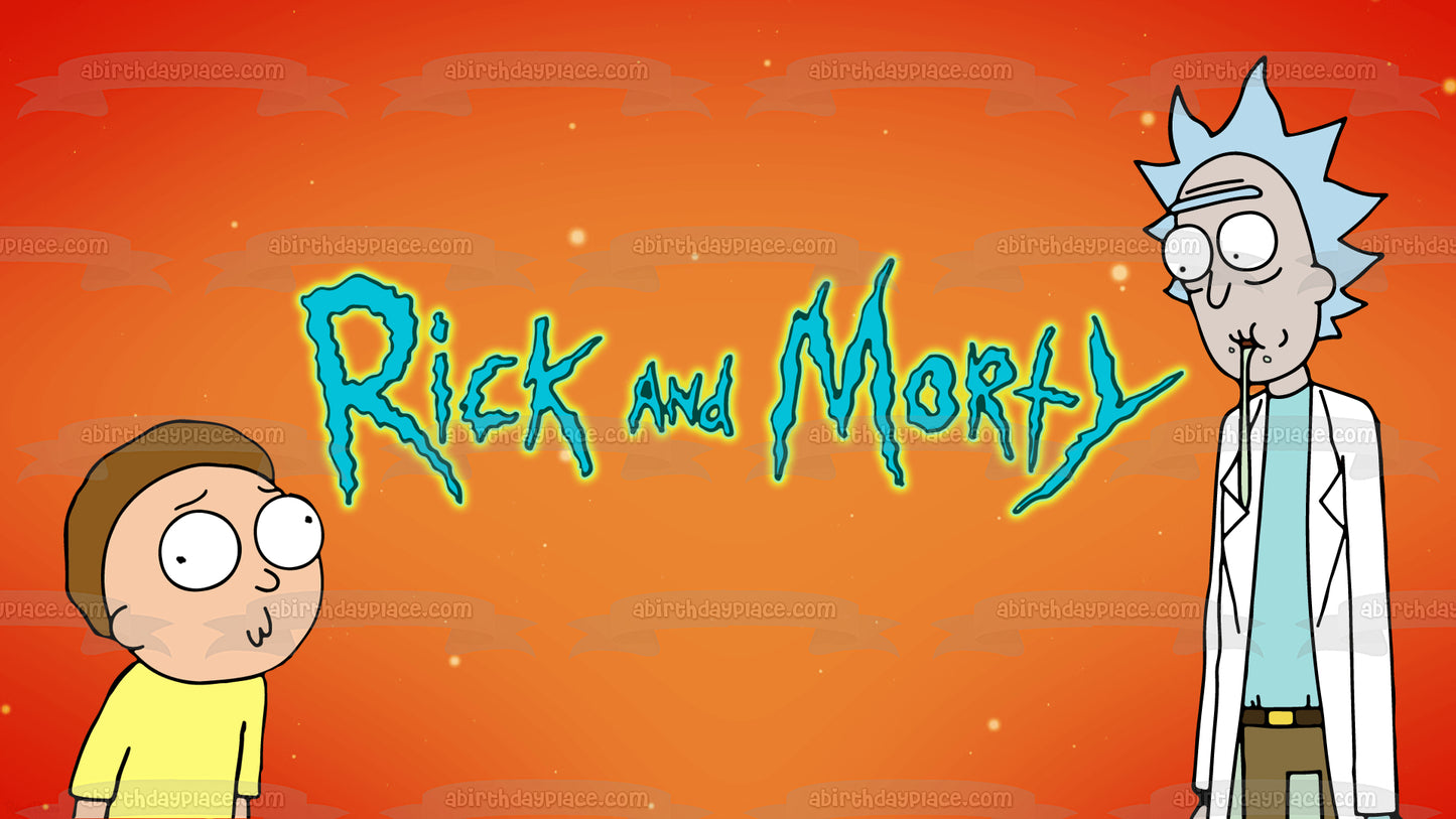 Rick and Morty Rick Sanchez Morty Smith Orange Background Edible Cake Topper Image ABPID27082