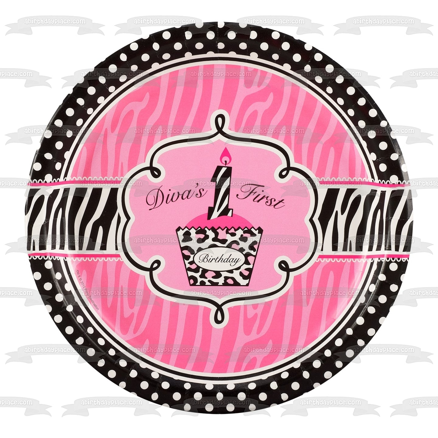 Feliz cumpleaños Primer cumpleaños de la diva Rayas de cebra rosadas y negras Cupcake rosa Adorno comestible para tarta Imagen ABPID27208 