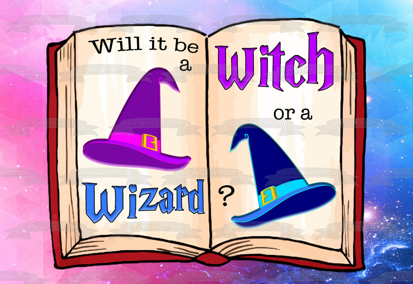 Baby Shower Will It Be a Witch or a Wizard Book Edible Cake Topper Image ABPID27286