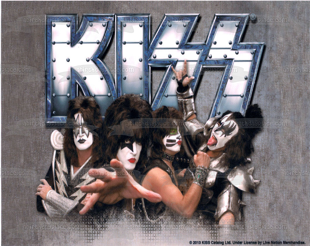 Logotipo de Kiss Gene Simmons Ace Frehley Paul Stanley Peter Criss Rock Band Fondo gris Imagen comestible para decoración de tarta ABPID27307 