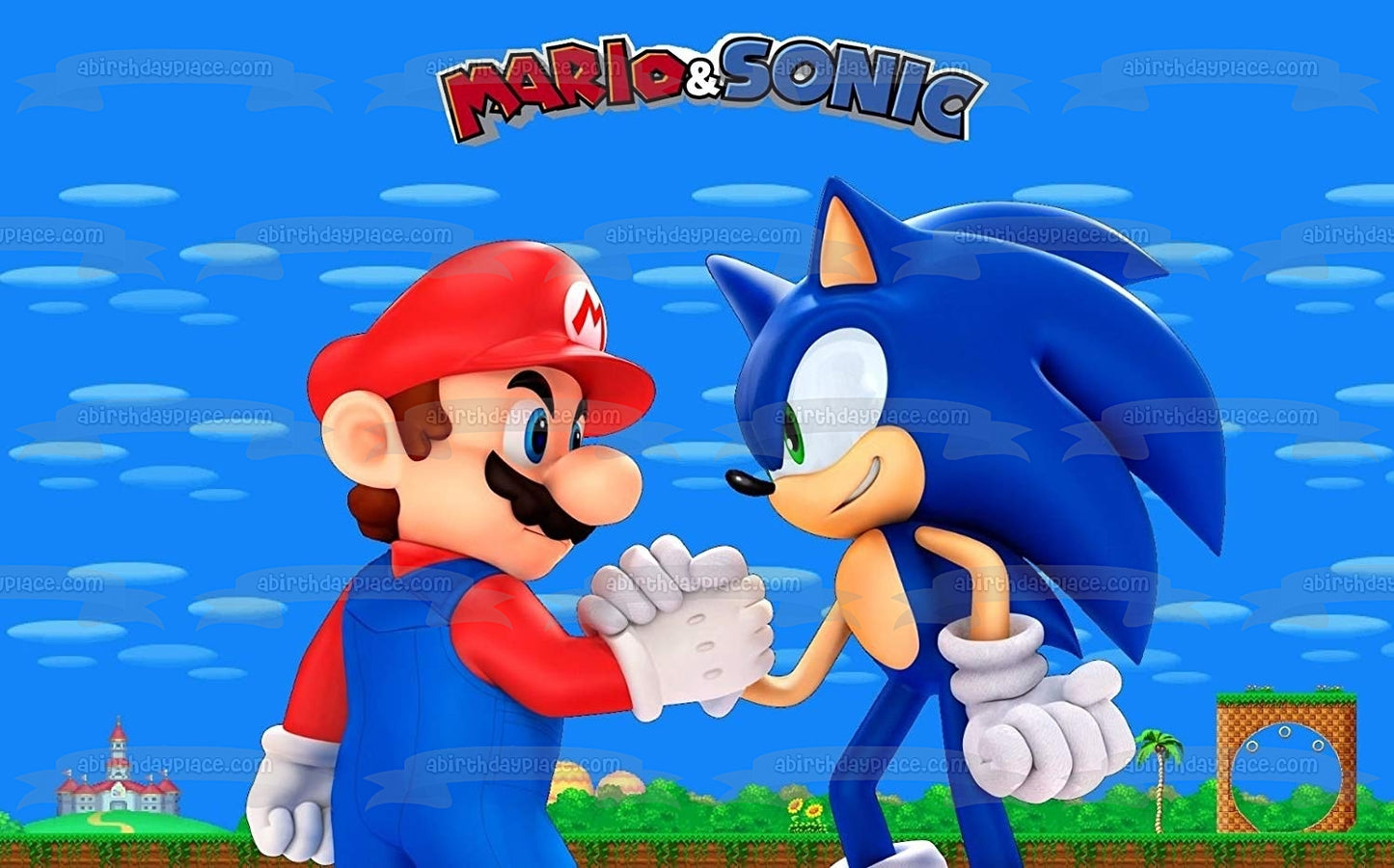 Super Mario Sonic the Hedgehog estrechando la mano adorno comestible para tarta imagen ABPID27464 