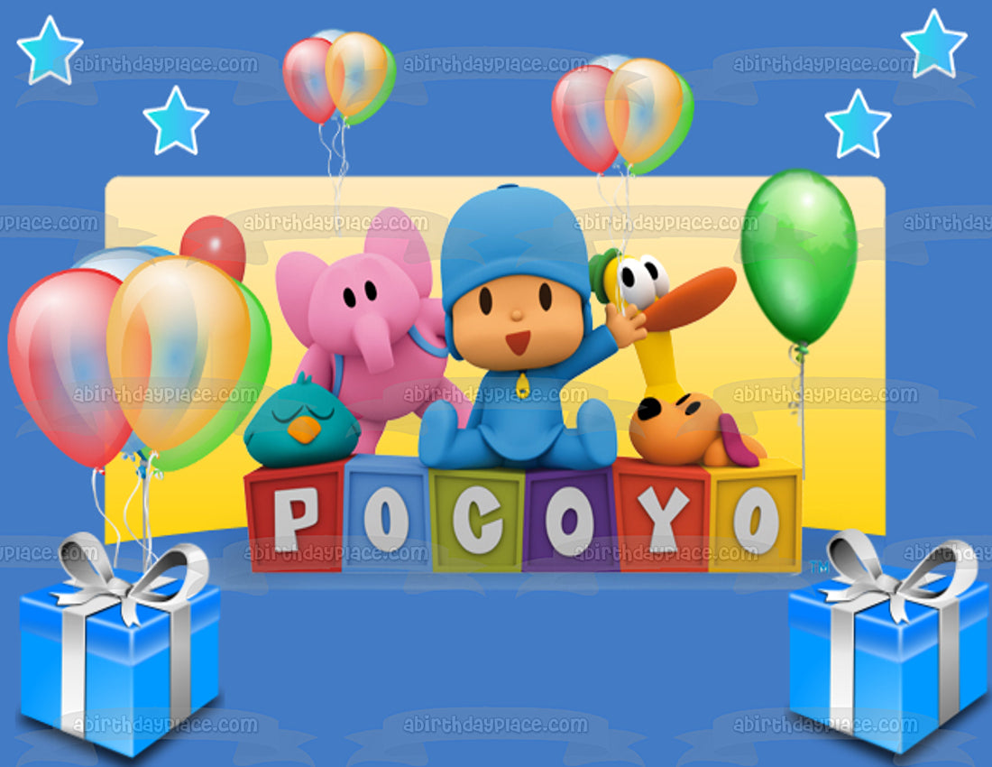 Pocoyo Happy Birthday Presents Balloons Stars Pato Elly Edible Cake Topper Image ABPID27563