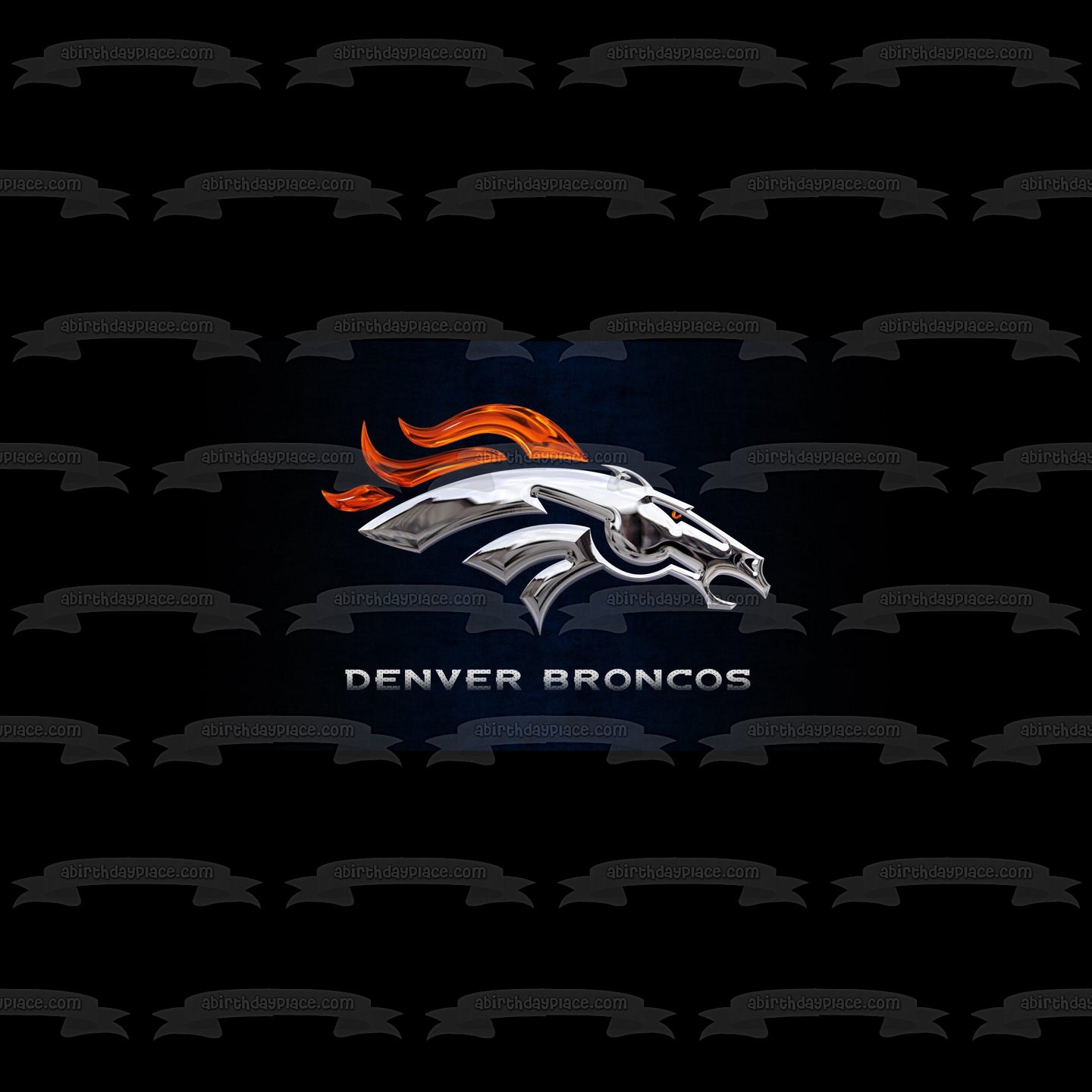 Logotipo de los Denver Broncos, apariencia de acero de la NFL, fondo negro, decoración comestible para tarta, imagen ABPID27666 